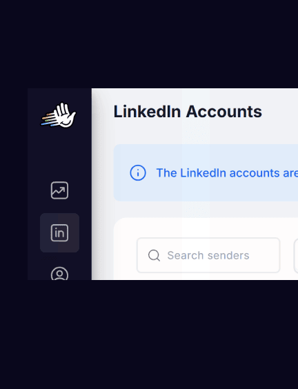 Interface utilisateur d'un outil de gestion LinkedIn affichant une barre latérale avec des icônes et un message indiquant « Les comptes LinkedIn sont... ». Une barre de recherche intitulée « Rechercher des expéditeurs » est visible.